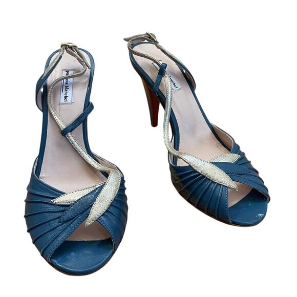 Patricia Blanchet Blue & Light Gold Art Deco Slingback Size 37/ US 6.5 - Picture 1 of 7